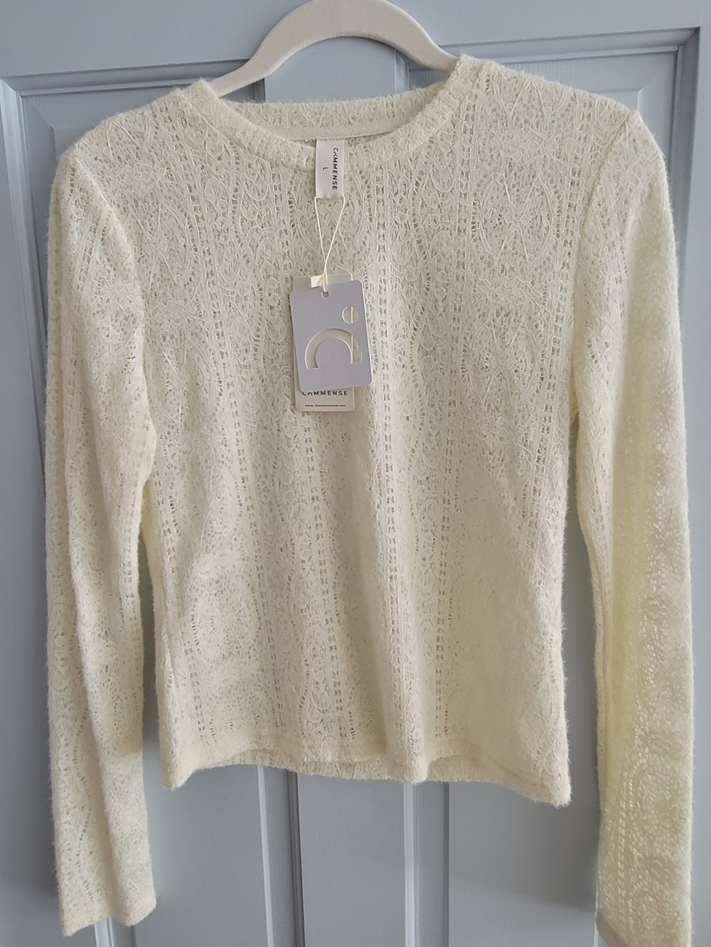 Commense Cream Openwork Crewneck Sweater